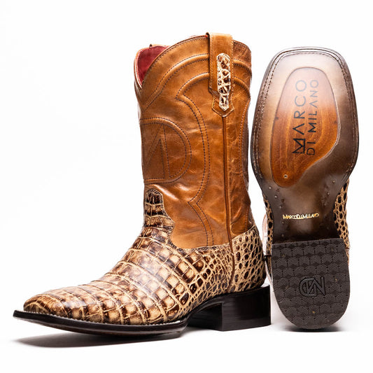 Tucson Stone Orix Caiman Belly Skin Cowboy Boot with square-toe and full-grain leather, perfect for Western sophistication.