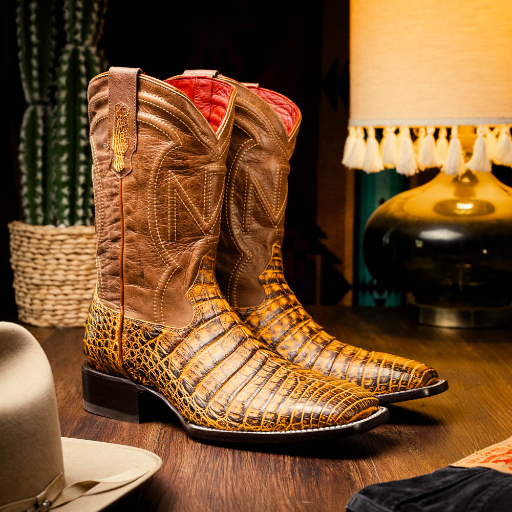 Tucson Mustard Brown cowboy boots made from genuine caiman belly skin showcasing Western sophistication and classic craftsmanship.