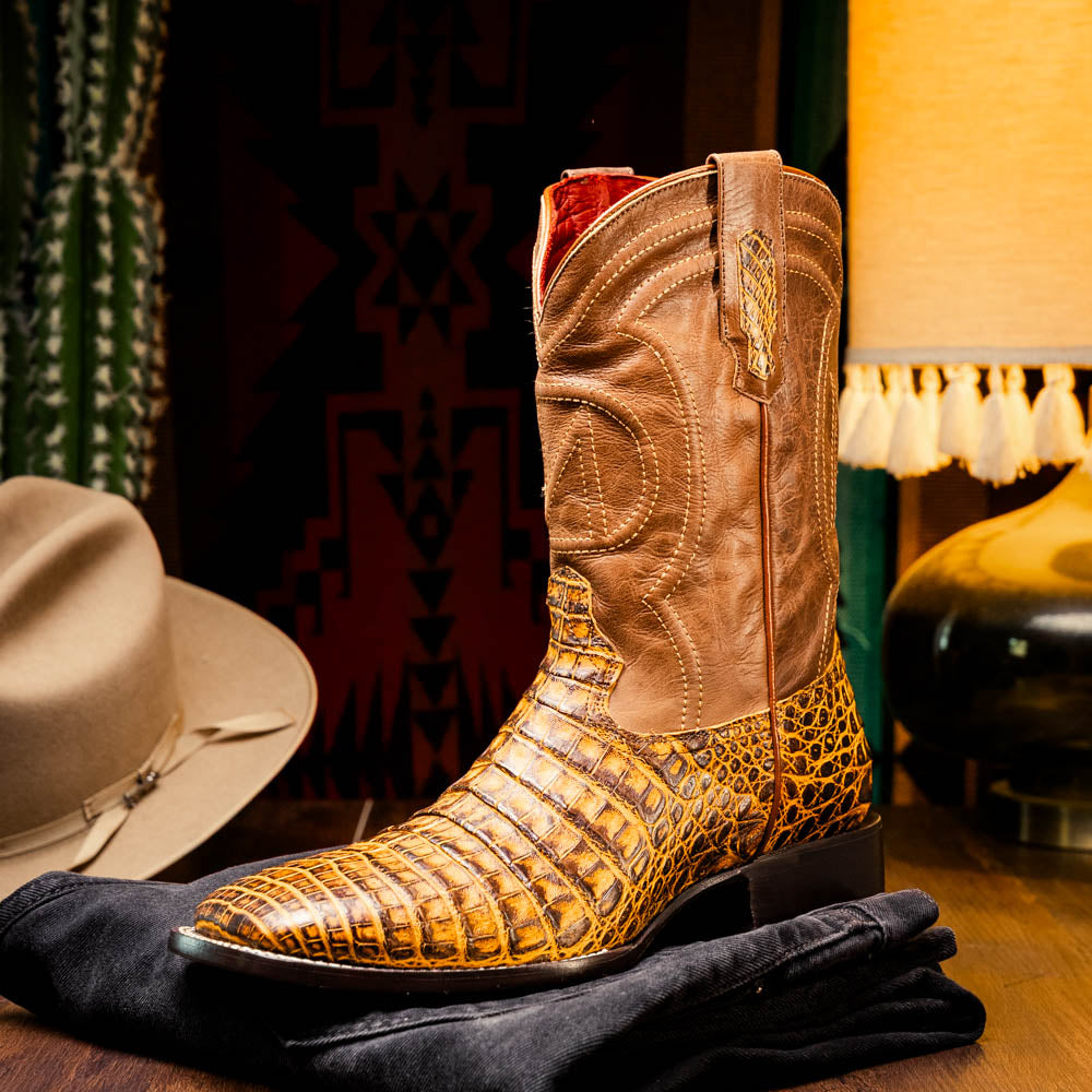 Tucson Mustard Brown cowboy boot in genuine caiman belly skin and full-grain leather with square toe from the Western Collection.