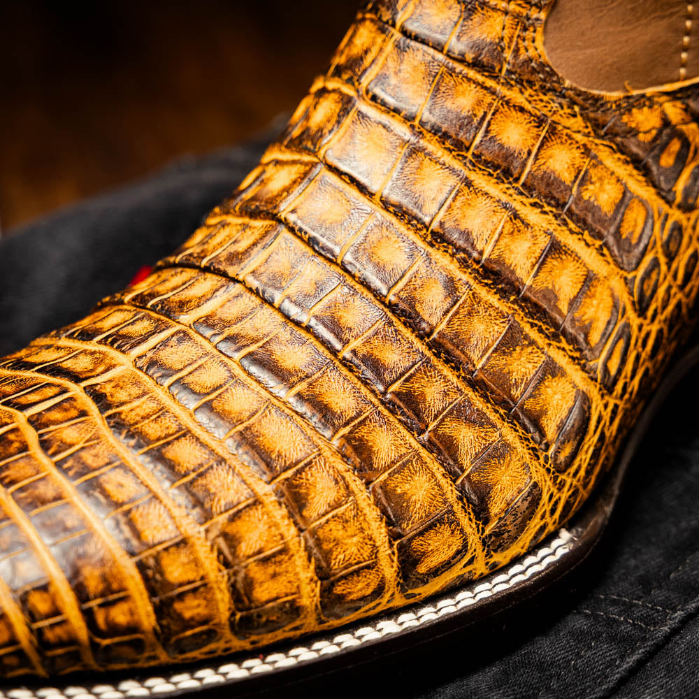 Tucson Mustard Brown Caiman Belly Skin Cowboy Boot close-up, showcasing detailed texture and craftsmanship.