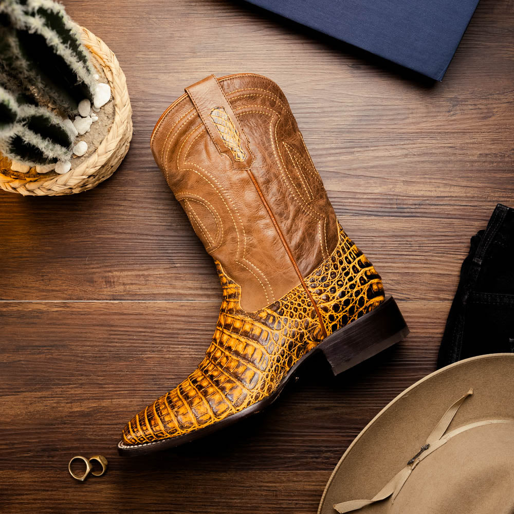 Tucson Mustard Brown cowboy boot made from genuine caiman belly skin, featuring a square-toe design and full-grain leather accents.