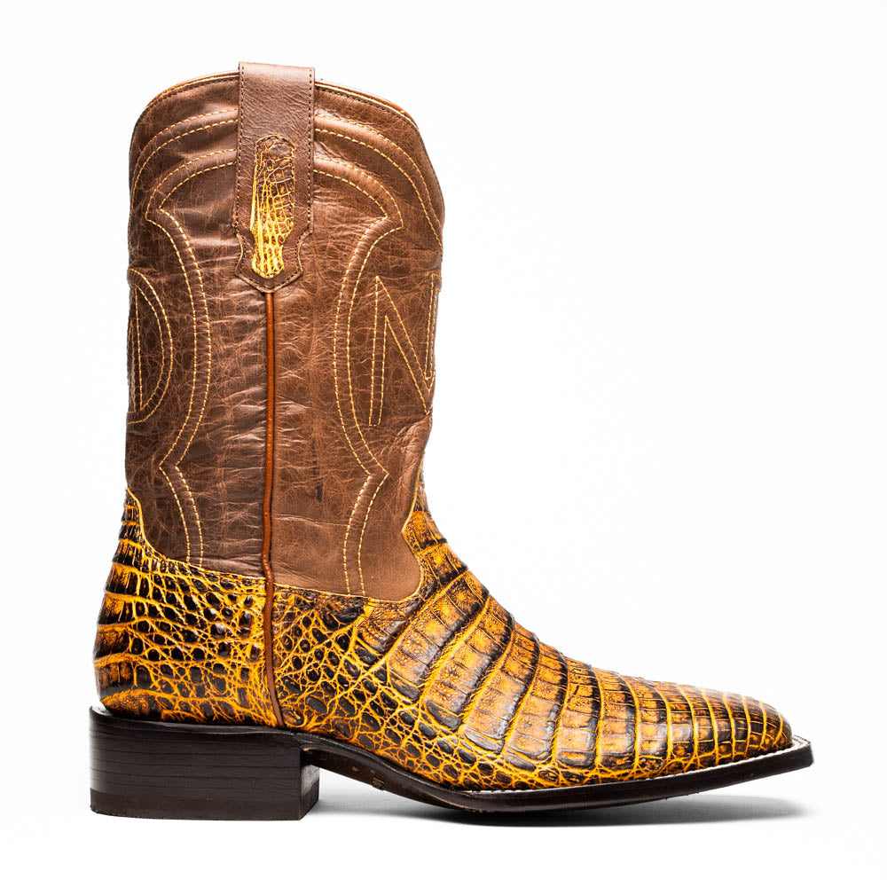 Tucson Mustard Brown cowboy boot made from genuine caiman belly skin with square-toe design, showcasing Western sophistication for men.