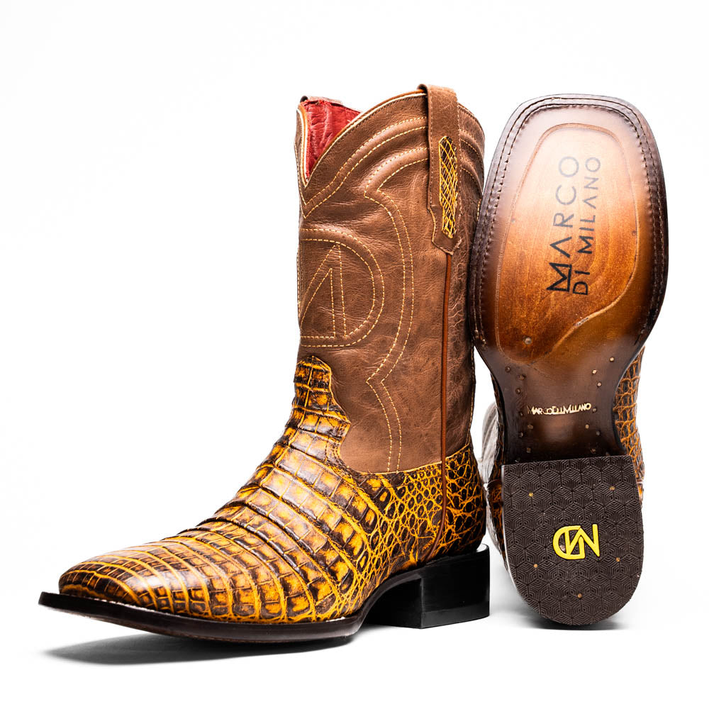 Tucson Mustard Brown genuine caiman belly skin cowboy boot with square-toe from Western Collection, showcasing bold Western style.