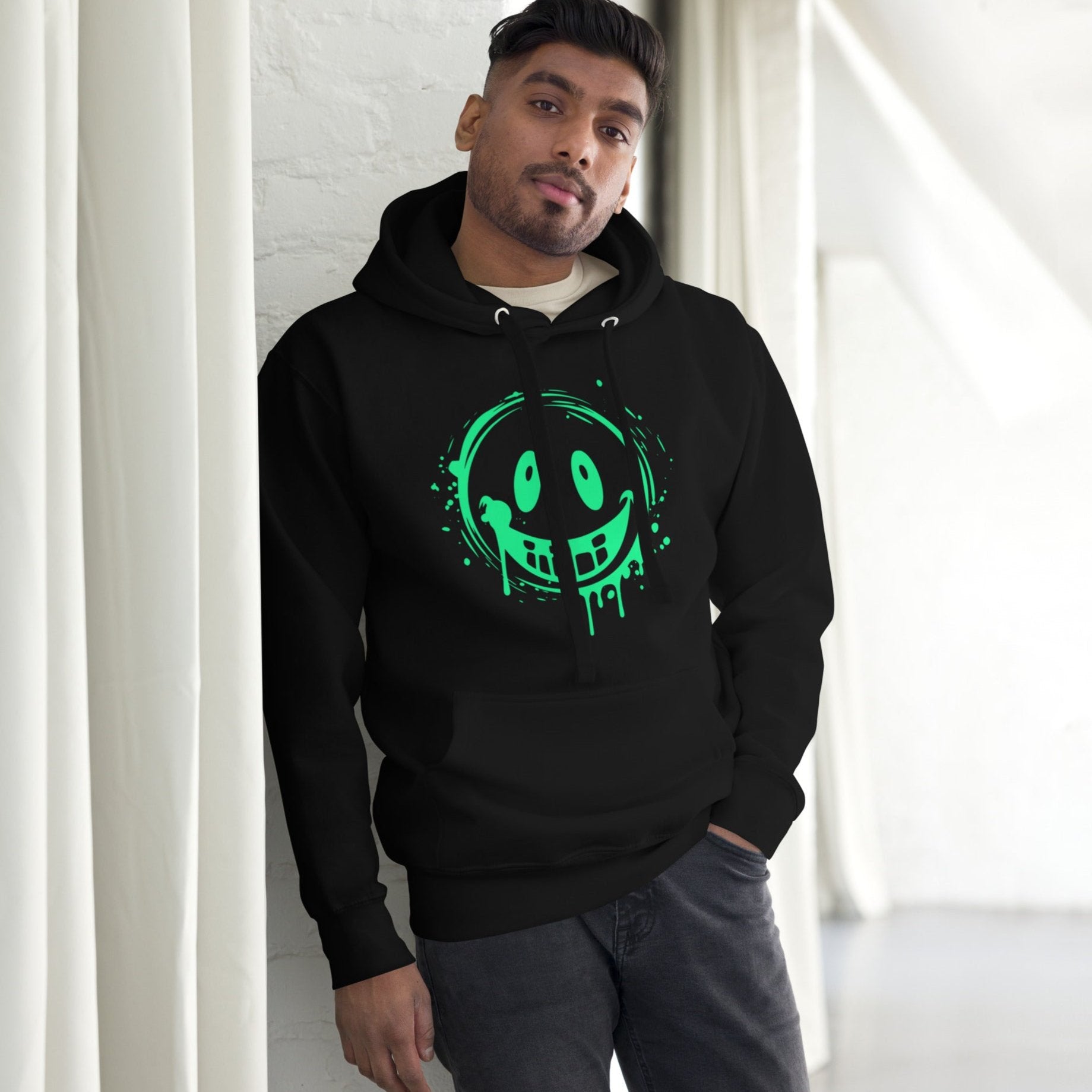 Men’s Green Smile Hoodie – Trendy & Comfortable Streetwear with a Fun Twist featuring a green smile graphic on black fabric.