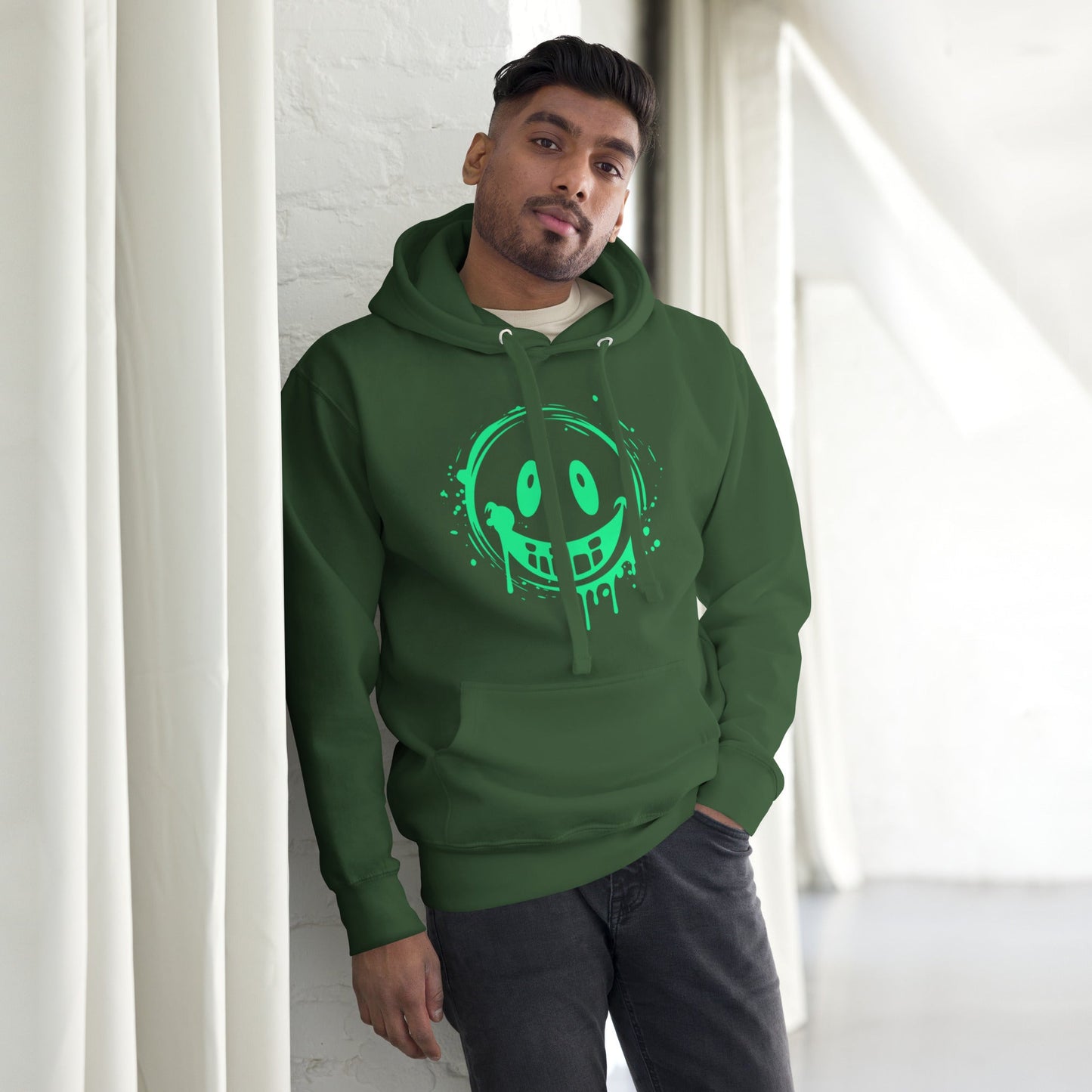 Men’s Green Smile Hoodie – Trendy & Comfortable Streetwear with a Fun Twist worn by a model in a bright setting.