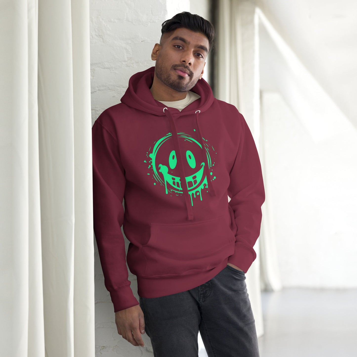 Man wearing Men’s Green Smile Hoodie – Trendy & Comfortable Streetwear with a Fun Twist, featuring a green smile emoji graphic.