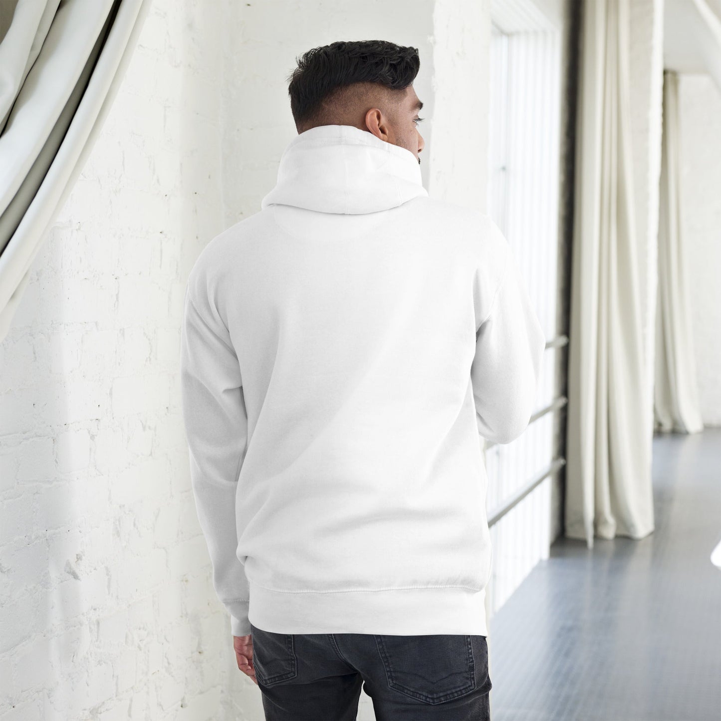 Man wearing a Men’s Green Smile Hoodie – Trendy & Comfortable Streetwear with a Fun Twist, reverse view indoors