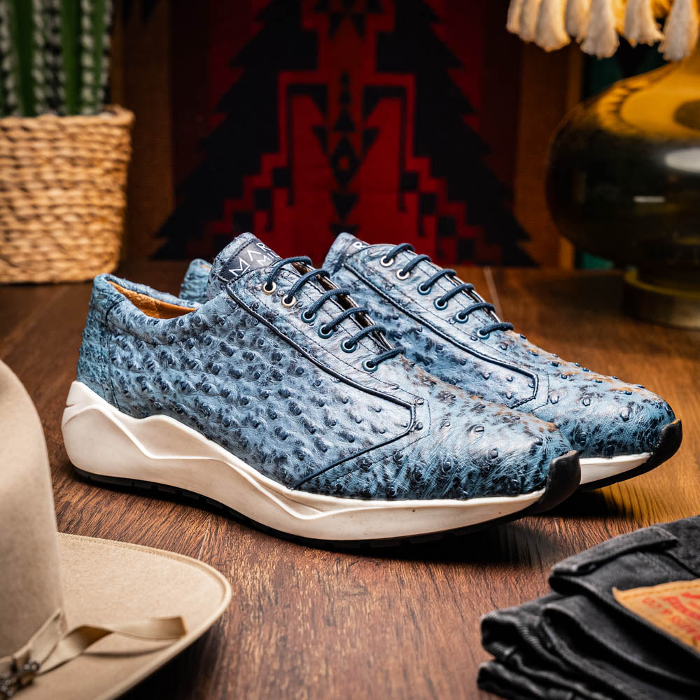 Varenna Blue Jeans luxury sneaker in genuine ostrich leather, showcasing a sleek design and sophisticated texture.