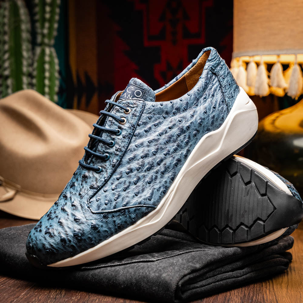Varenna Blue Jeans luxury sneaker made from genuine ostrich skin, showcasing timeless craftsmanship and contemporary design elegance.
