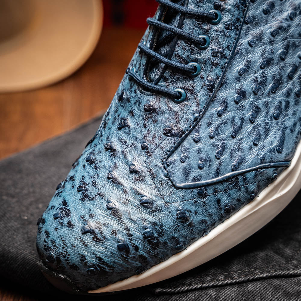 Varenna Blue Jeans luxury sneaker made from genuine ostrich skin showing close-up detail and texture.