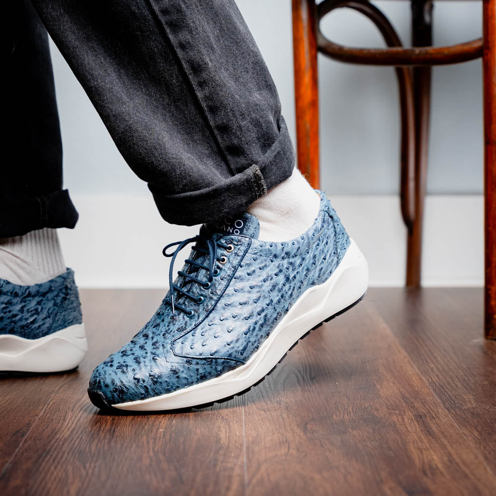 Varenna Blue Jeans luxury sneaker in genuine ostrich skin showcasing contemporary elegance and craftsmanship.