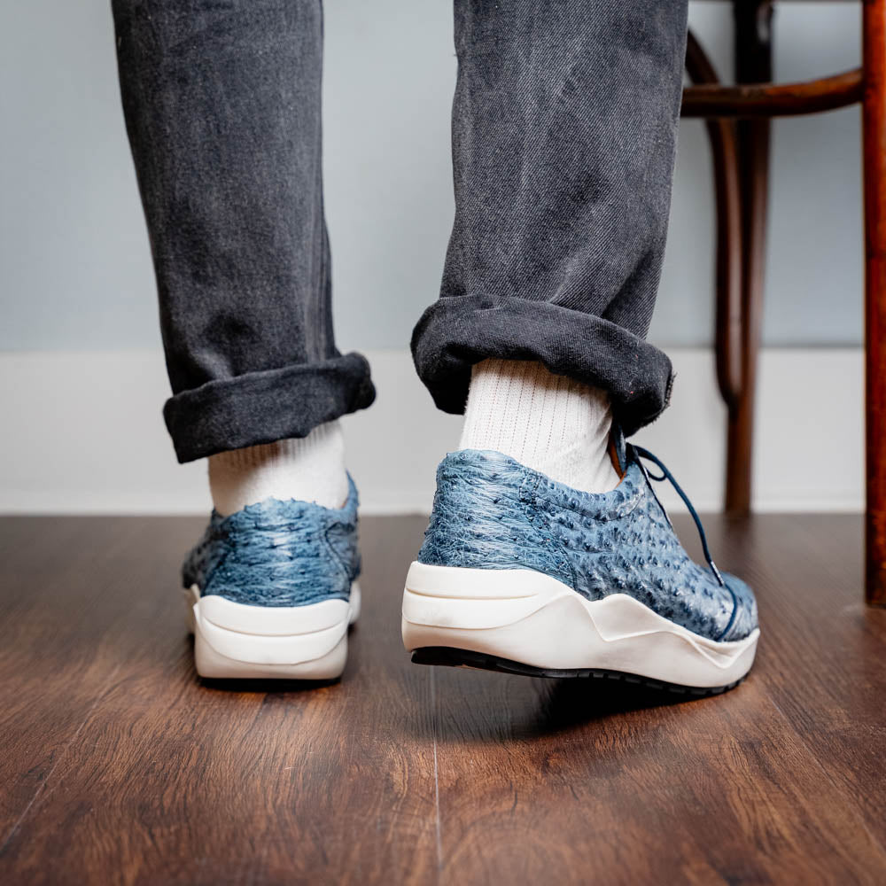 Varenna Blue Jeans luxury sneaker in genuine ostrich skin, showcasing elegant design and sophistication in casual footwear.