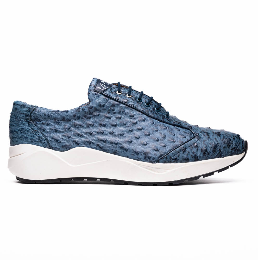 Varenna Blue Jeans luxury sneaker made from genuine full-quill ostrich skin showcasing timeless craftsmanship and contemporary elegance.