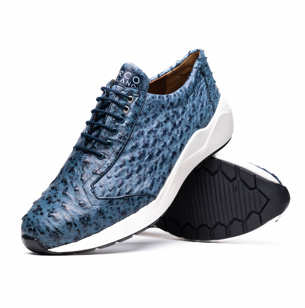 Varenna Blue Jeans luxury sneaker in genuine ostrich skin, showcasing timeless craftsmanship and contemporary elegance.