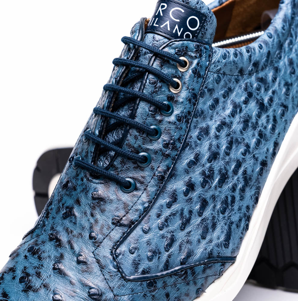 Close-up of Varenna Blue Jeans luxury sneaker made from genuine ostrich skin, showcasing detailed texture and elegant design.
