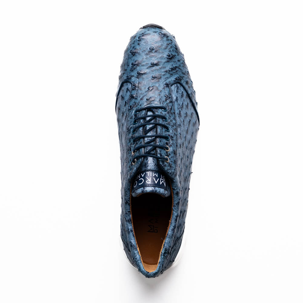 Varenna Blue Jeans luxury sneakers made from genuine ostrich skin, showcasing a full-quill texture and sleek design.