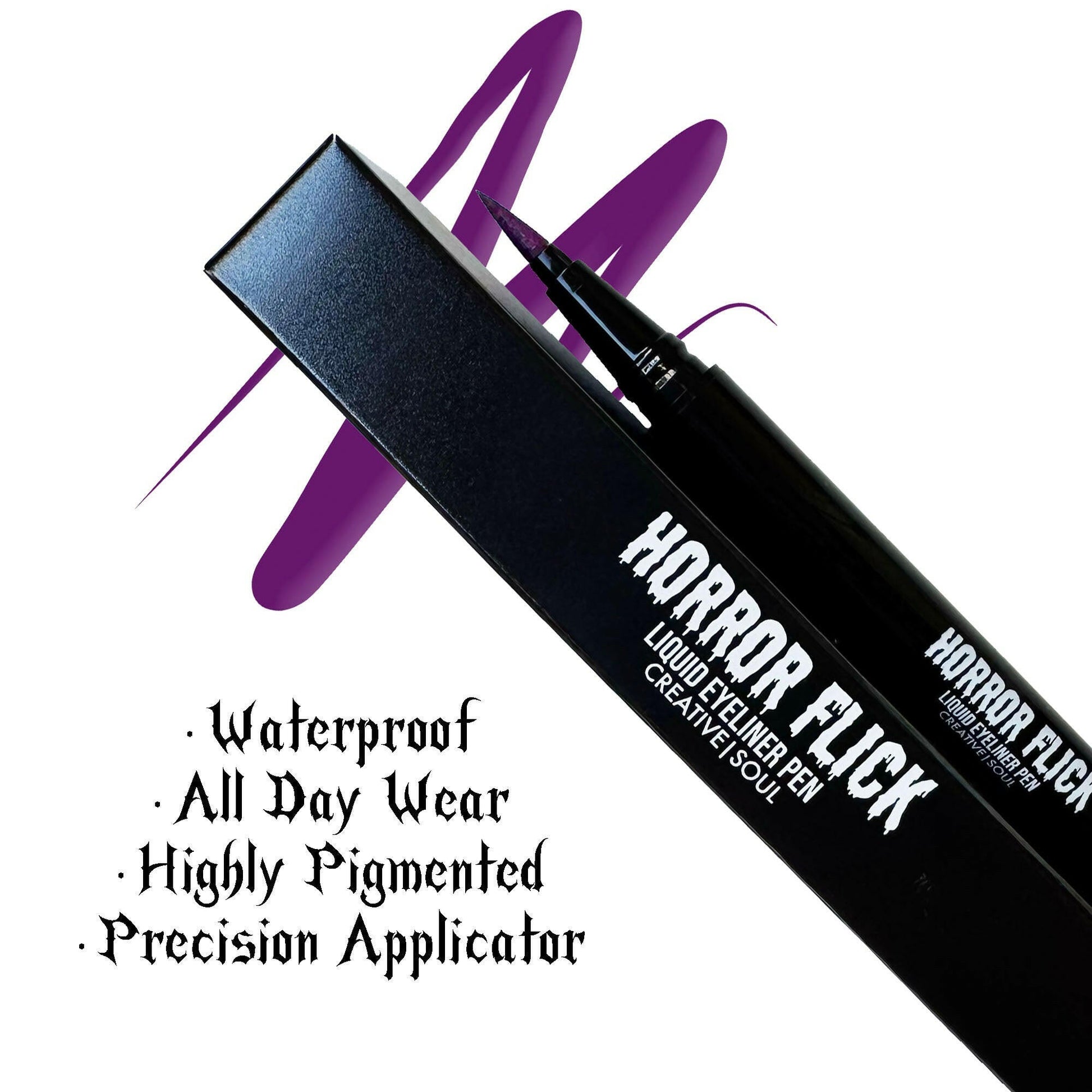 Venom bright purple Horror Flick Liquid Eyeliner Pen, waterproof, all-day wear, precision applicator for easy, smudge-proof use.