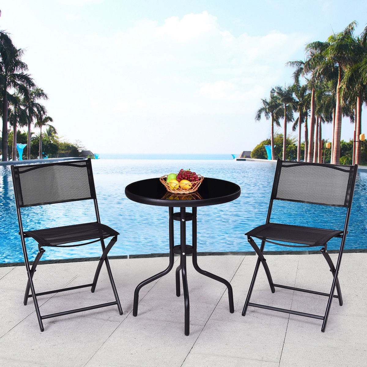 3 Pieces Folding Bistro Table Chairs Set for Indoor and Outdoor by poolside with palm trees in background