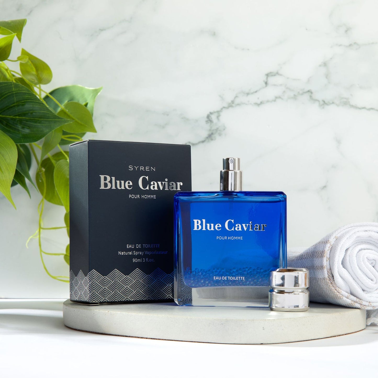 Syren - Blue Caviar fragrance bottle with packaging, evoking refined masculinity and charisma, featuring notes of lemon and sage.