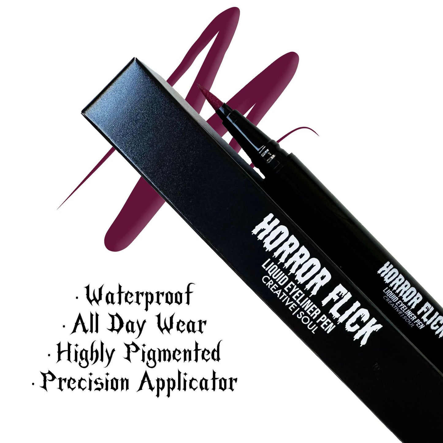 Horror Flick Liquid Eyeliner Pen in Wine shade with precise applicator, waterproof formula, long-lasting wear, highly pigmented