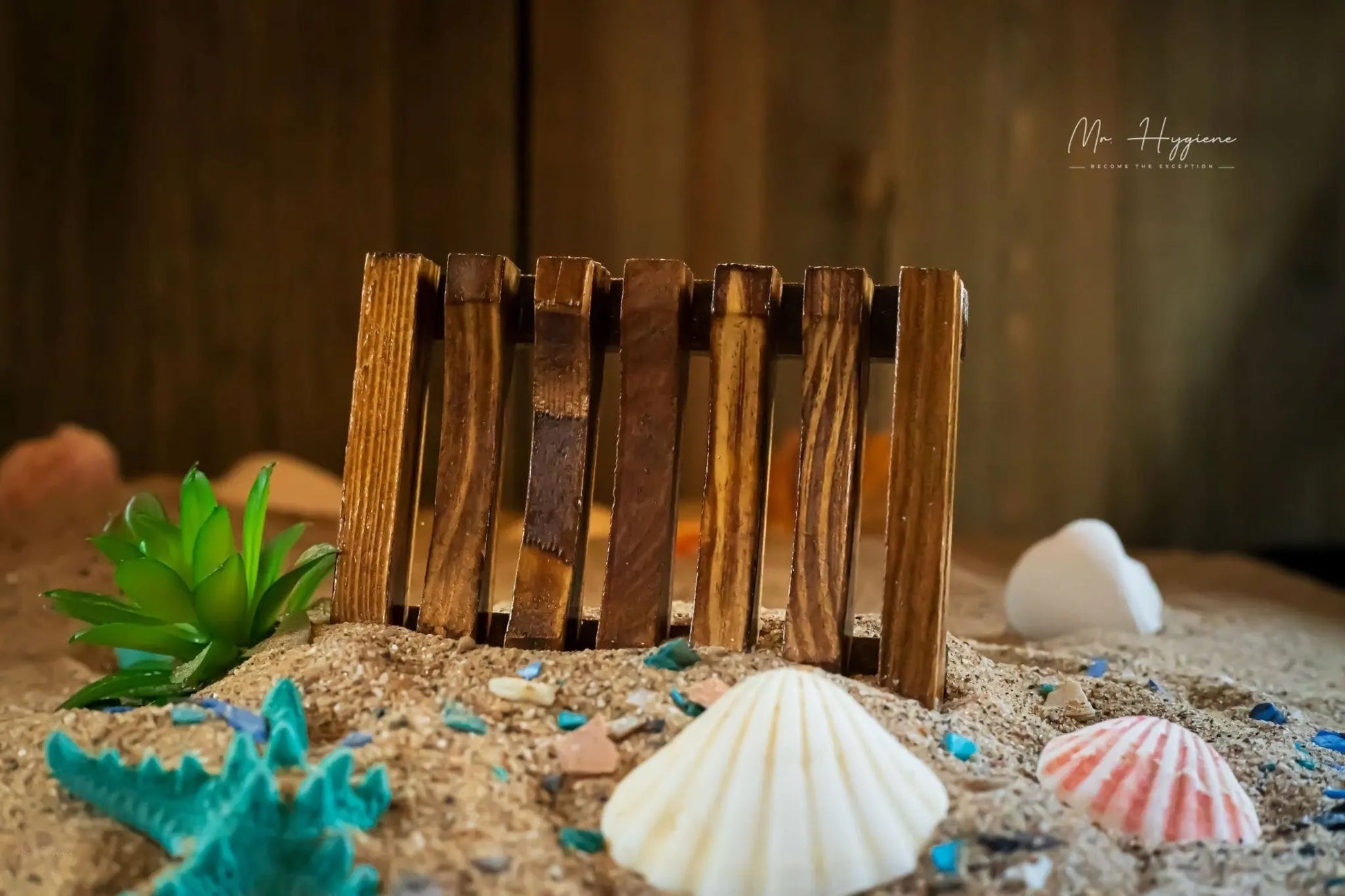 Natural Wooden Soap Dish on decorative sand with shells and plants, enhancing bathroom decor and extending soap bar lifespan.