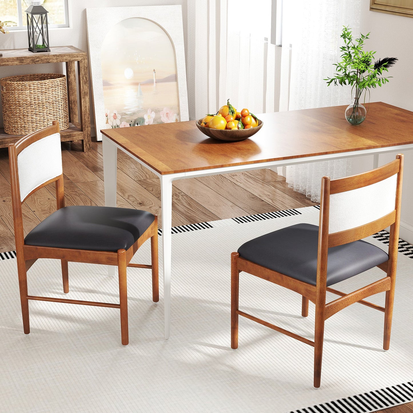 Wooden Dining Chair Set of 2 with Rubber Wood Frame and Faux Sherpa Backrest-Walnut in dining room setting