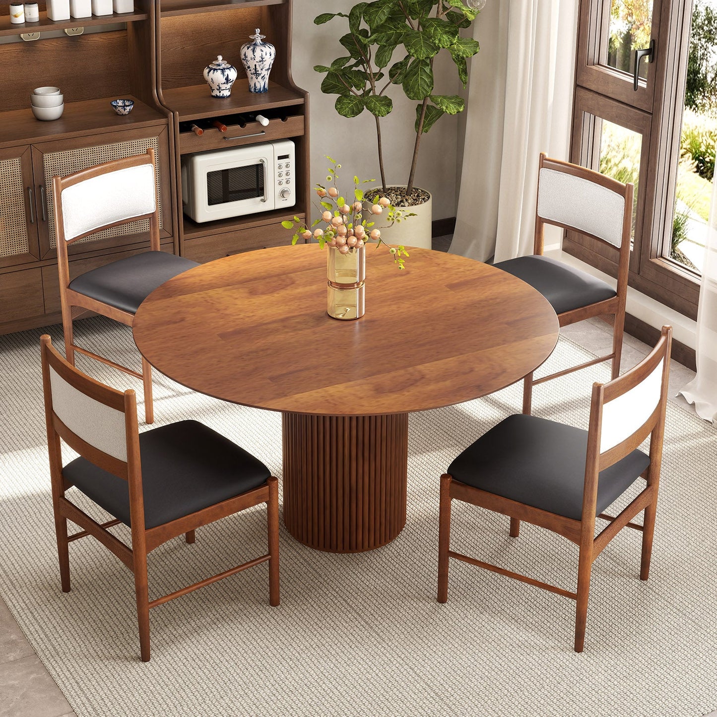 Wooden Dining Chair Set of 2 with Rubber Wood Frame and Faux Sherpa Backrest-Walnut around a wooden dining table