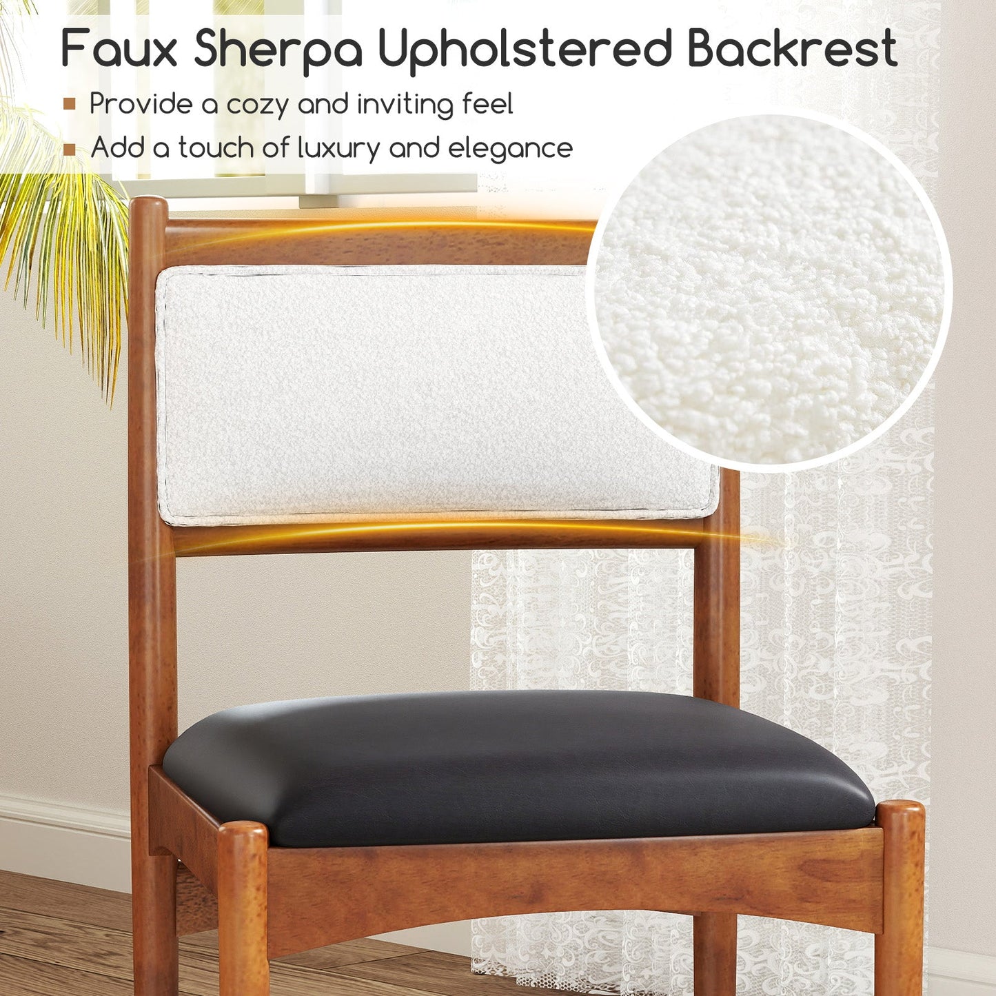 Wooden Dining Chair Set of 2 with Rubber Wood Frame and Faux Sherpa Backrest-Walnut featuring a cozy upholstered backrest.