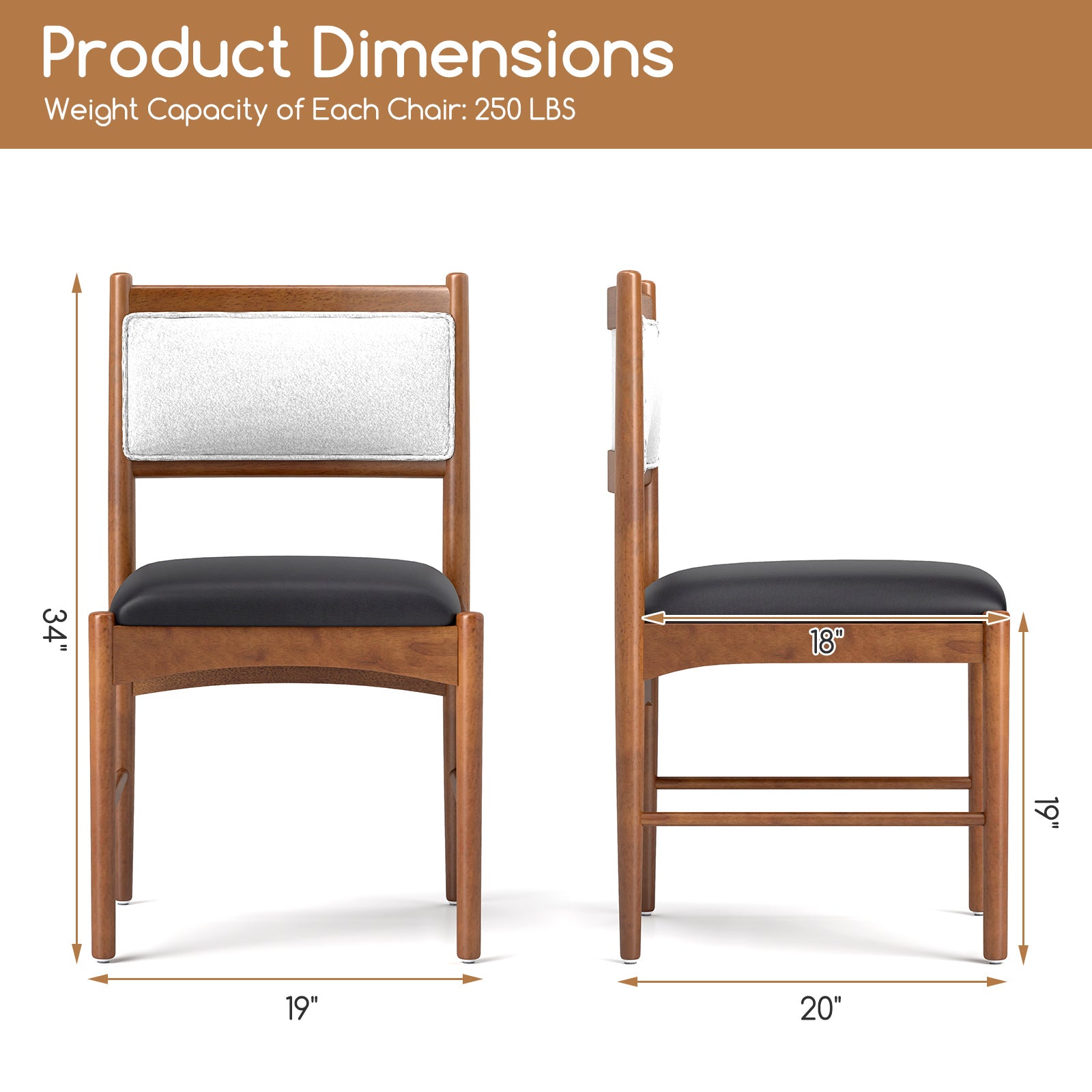 Wooden Dining Chair Set of 2 with Rubber Wood Frame and Faux Sherpa Backrest-Walnut showing product dimensions and weight capacity.
