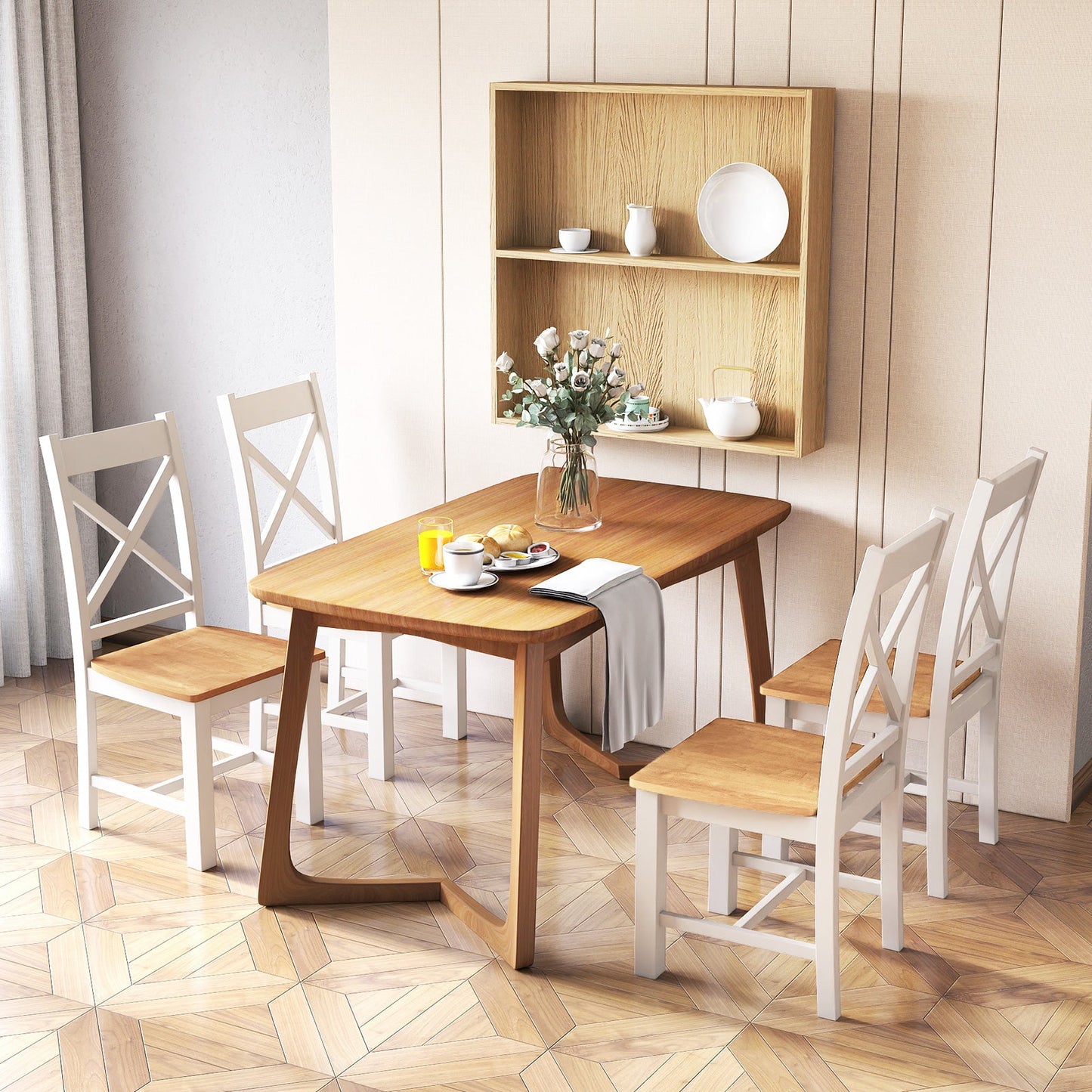 Dining room with Wooden Dining Chairs Set of 2 with High Back and Rubber Wood Frame-Natural and matching table