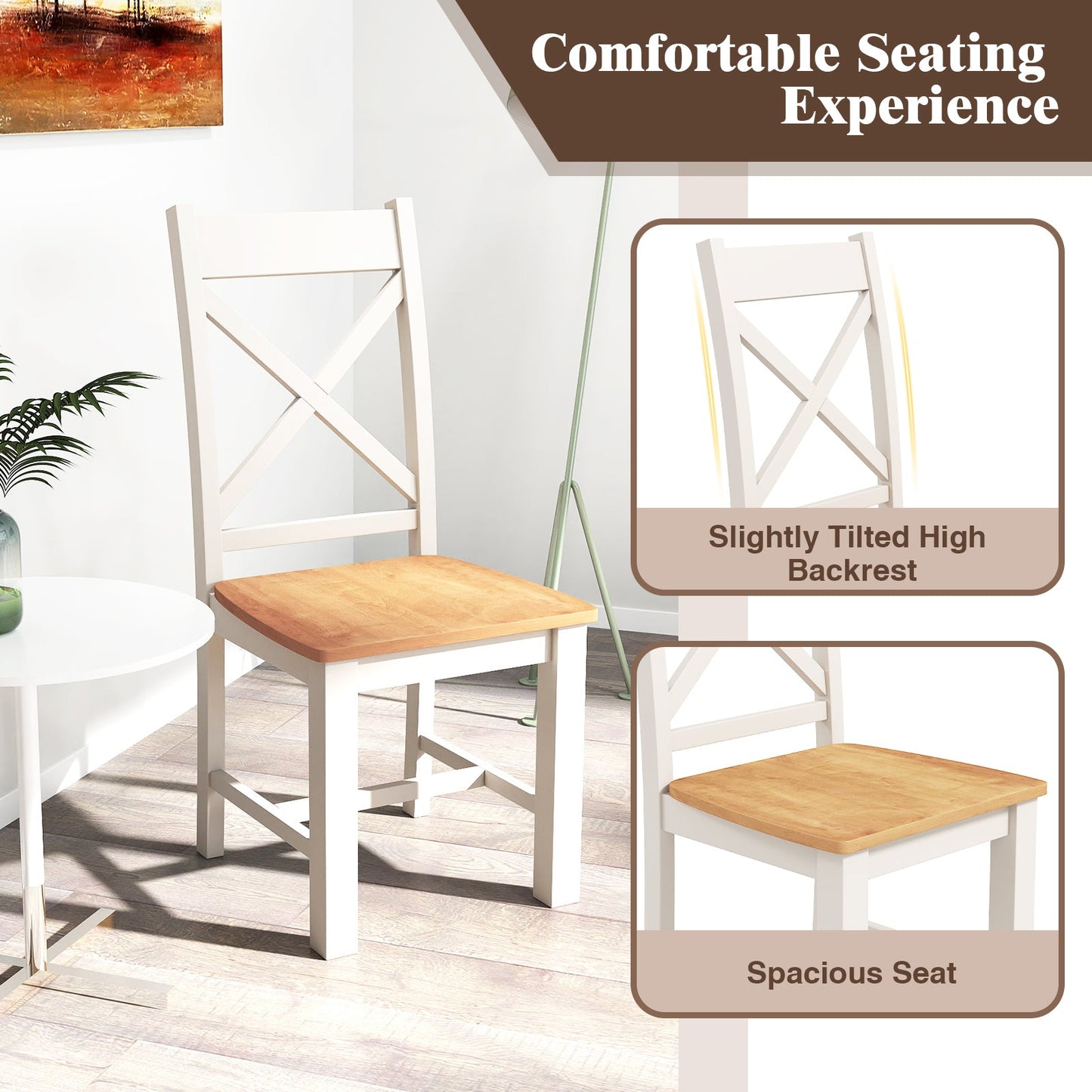 Wooden Dining Chairs Set of 2 with High Back and Rubber Wood Frame-Natural featuring tilted backrest and spacious seat