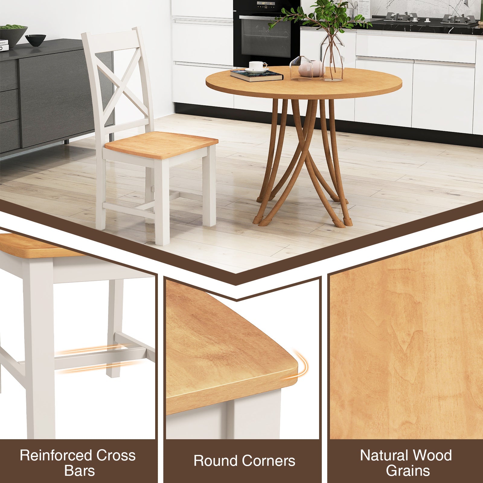Wooden Dining Chairs Set of 2 with High Back and Rubber Wood Frame-Natural shown in a modern kitchen setting