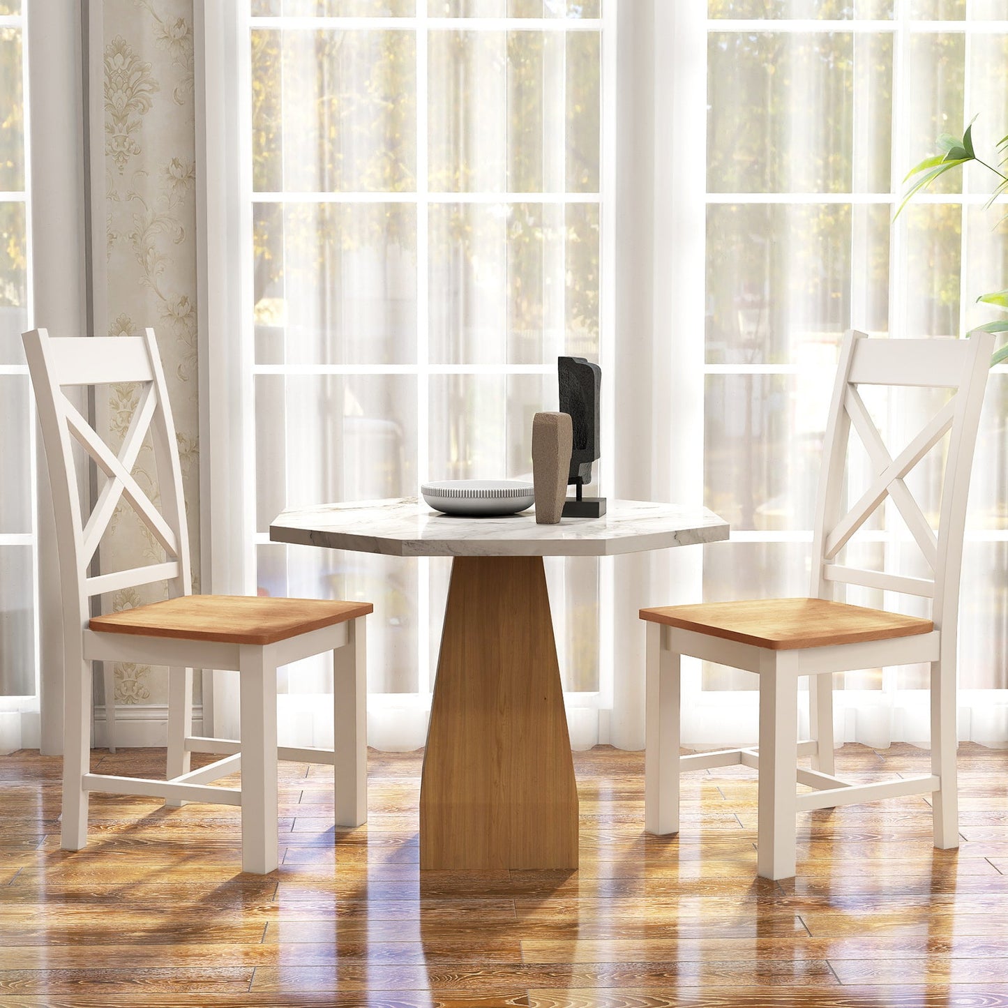 Wooden Dining Chairs Set of 2 with High Back and Rubber Wood Frame-Natural in a dining room setting