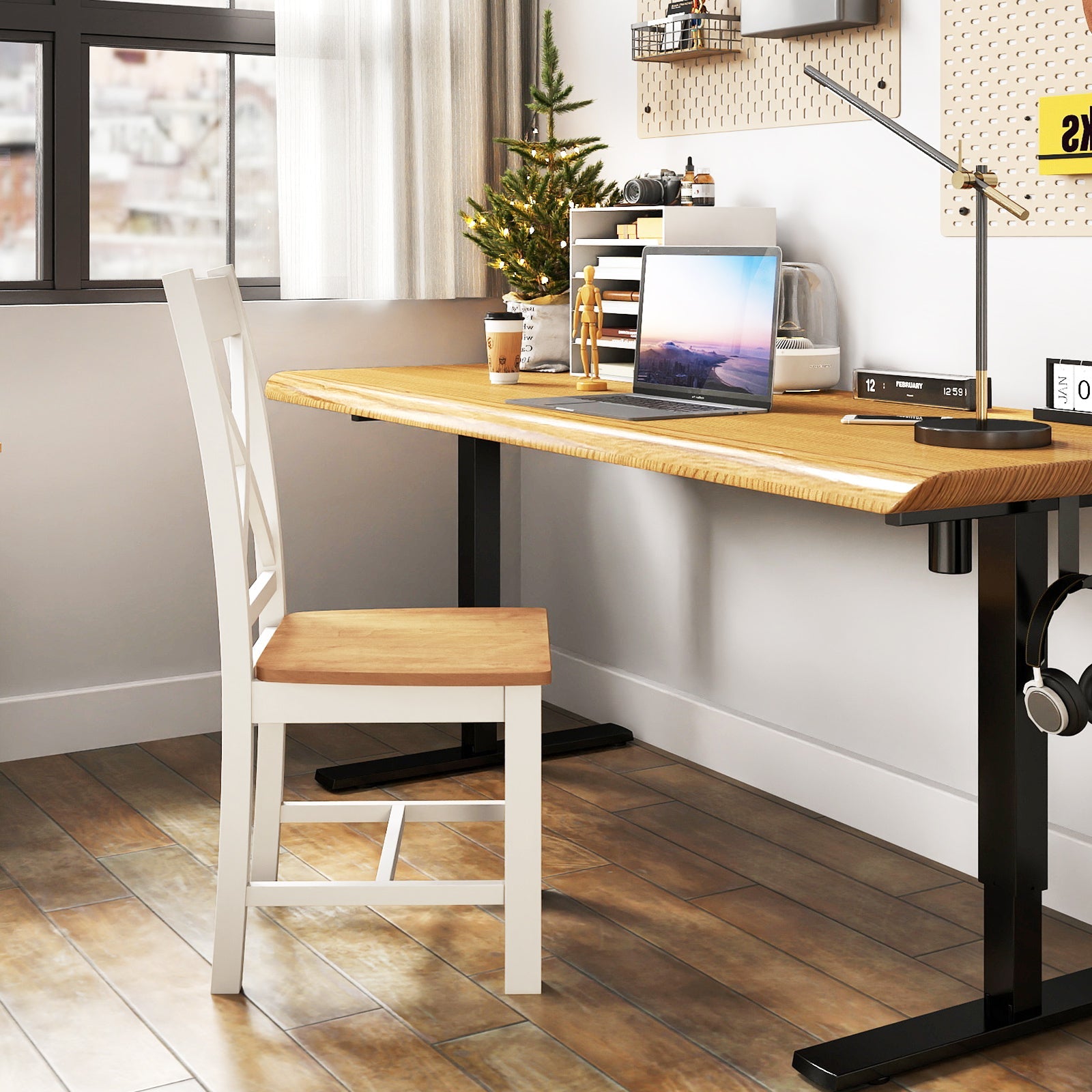 Wooden Dining Chairs Set of 2 with High Back and Rubber Wood Frame-Natural in a modern workspace