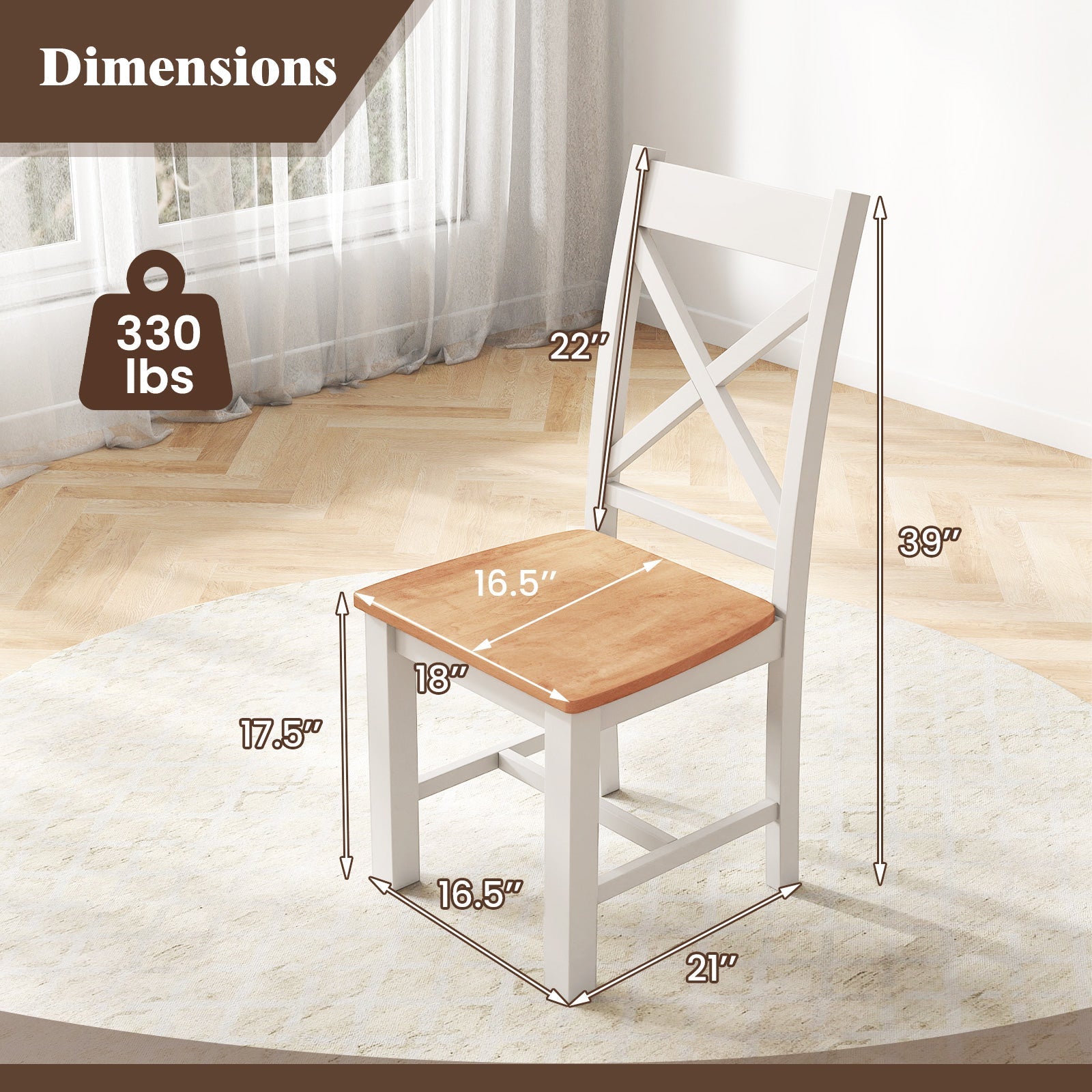 Wooden Dining Chairs Set of 2 with High Back and Rubber Wood Frame-Natural, dimensions and weight capacity shown, modern design.