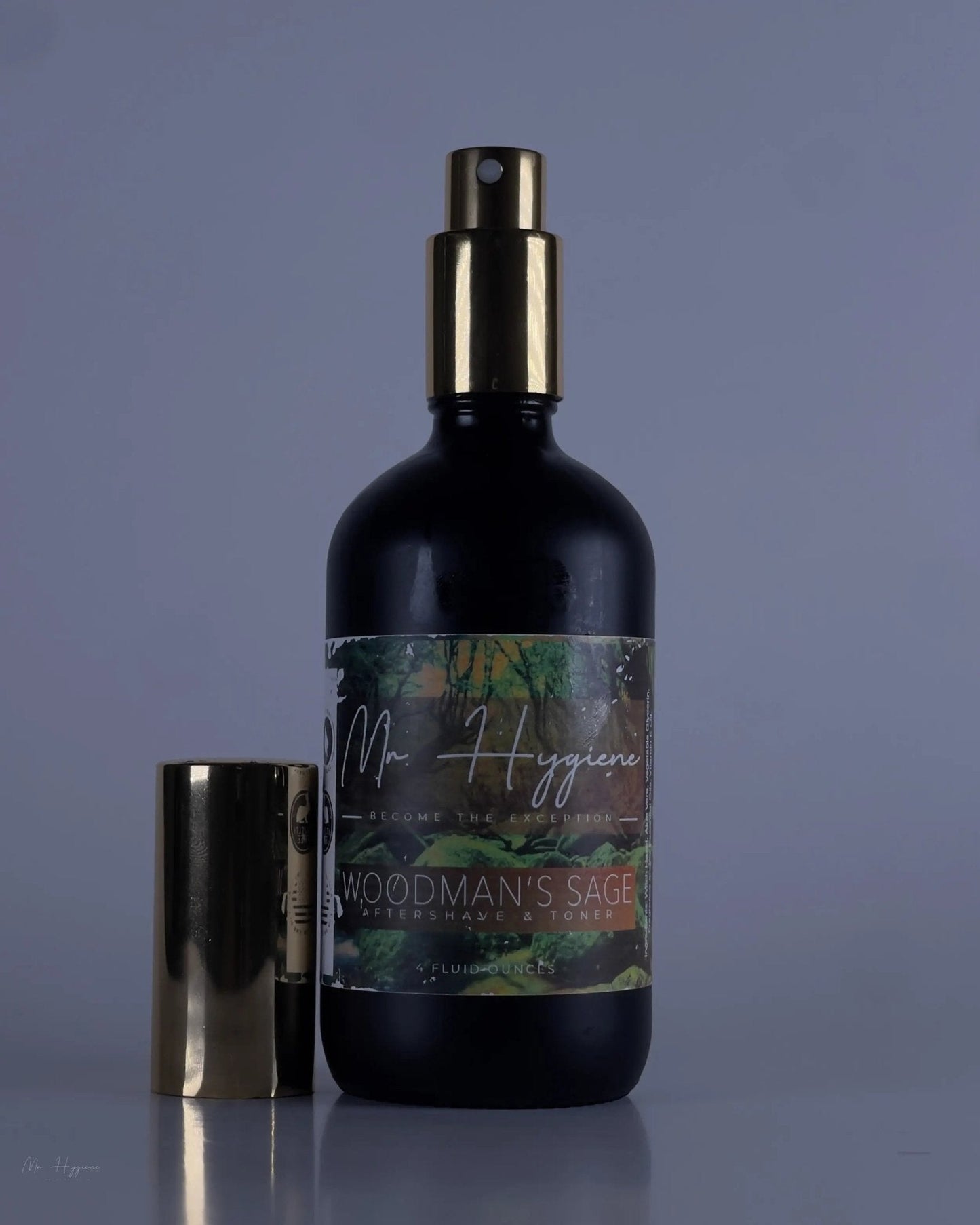 Woodman's Sage Mens Aftershave & Toner bottle with cap beside, designed to refresh and nourish men's skin for a premium grooming experience.