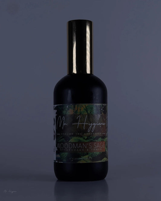 Bottle of Woodman's Sage Mens Aftershave & Toner with dark label and sleek design.